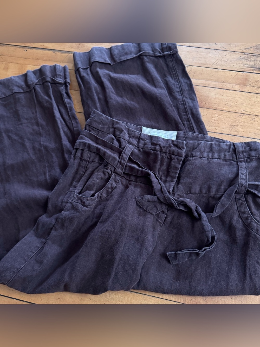 Anthropologie Cidra Brown Linen pants waist belt tie wide loose size small sz 4